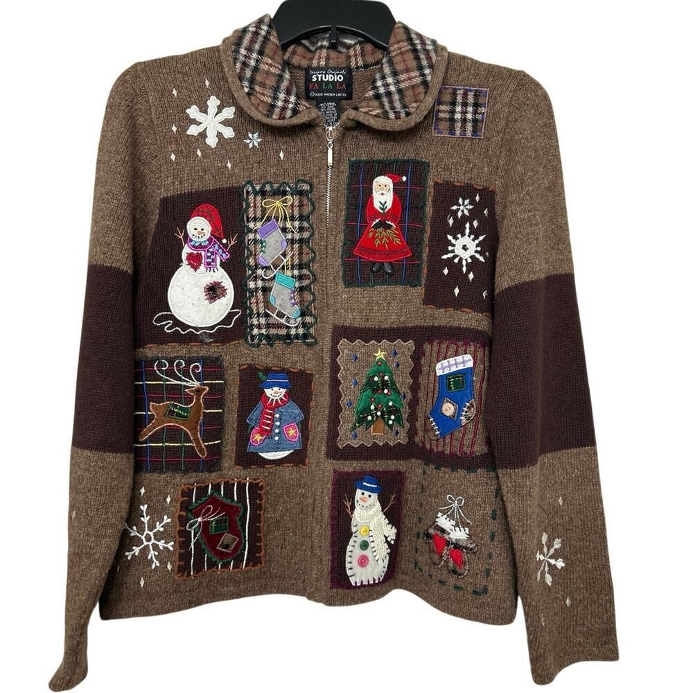 Designer Originals Vtg Patchwork Embroidered Wool Blend Holiday Zip Sweater SM